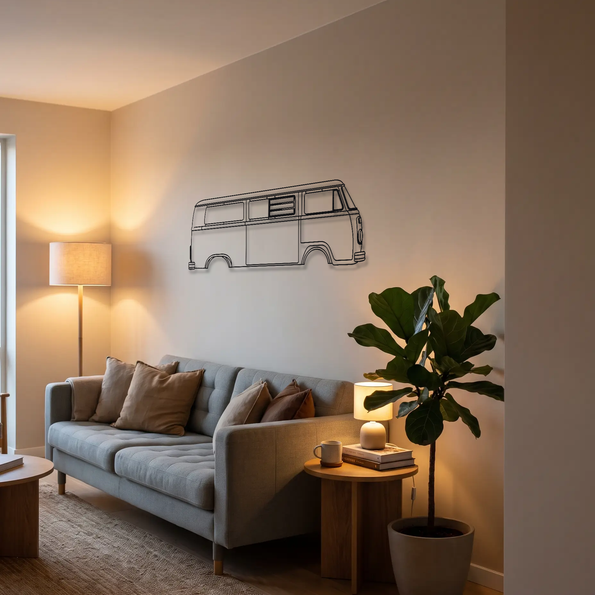 Volkswagen Type 2 Bus T2 metal wall art above a sofa in a living room