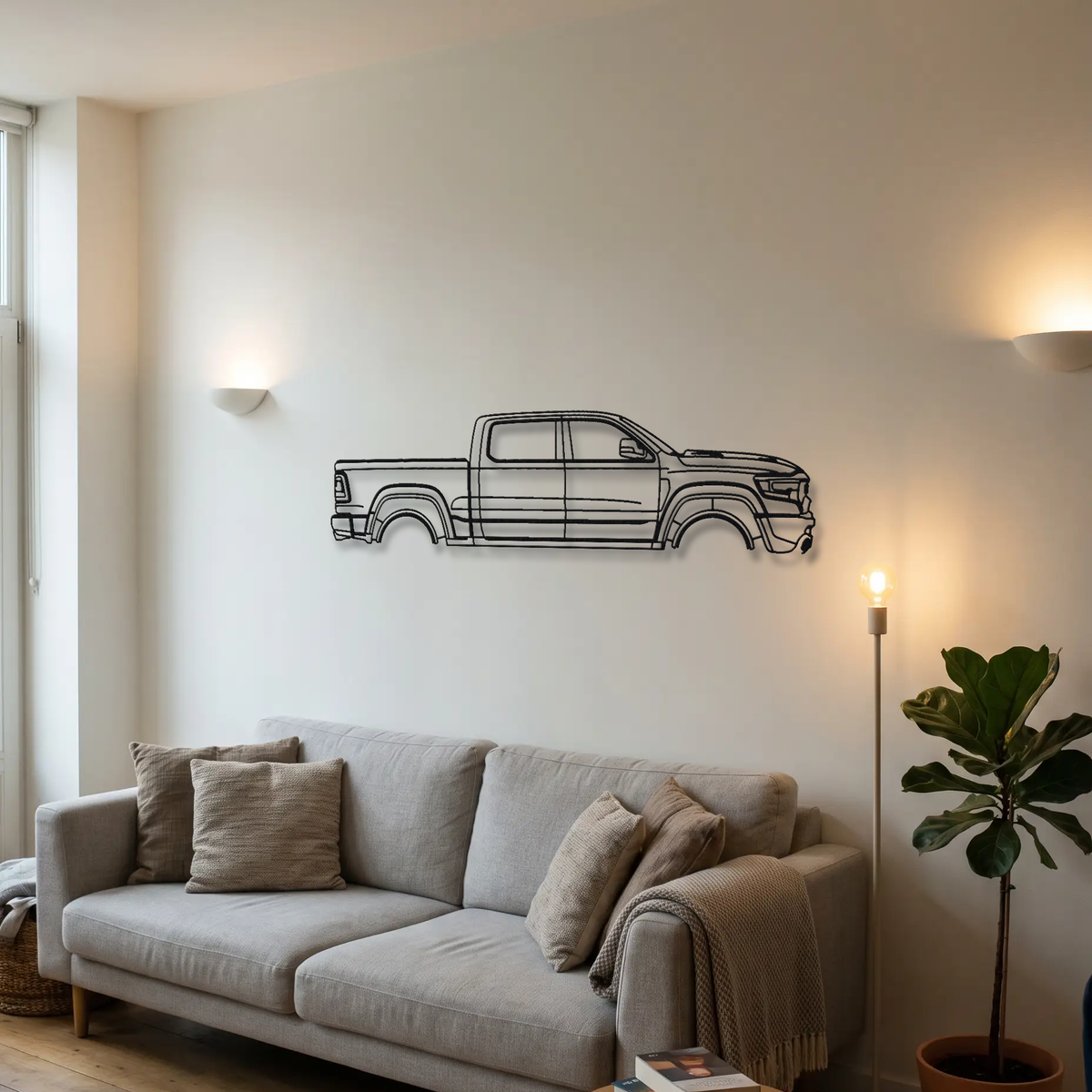 Ram 1500 TRX metal wall art above a sofa in a living room