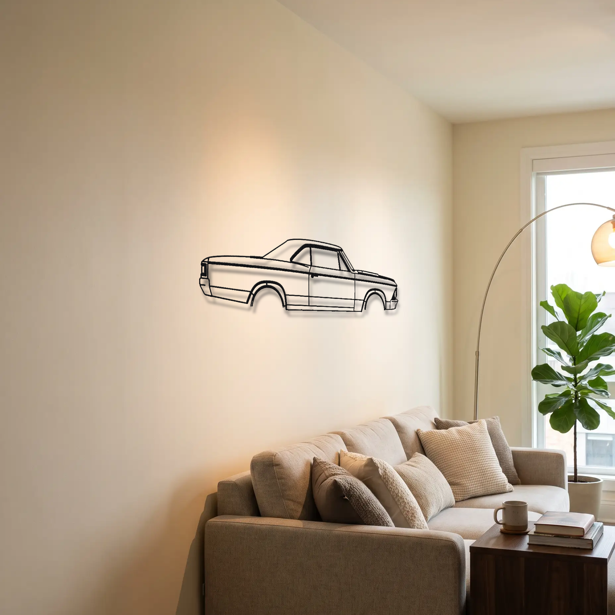 1966-1967 Chevrolet Chevelle SS 396 metal wall art above a sofa in a living room