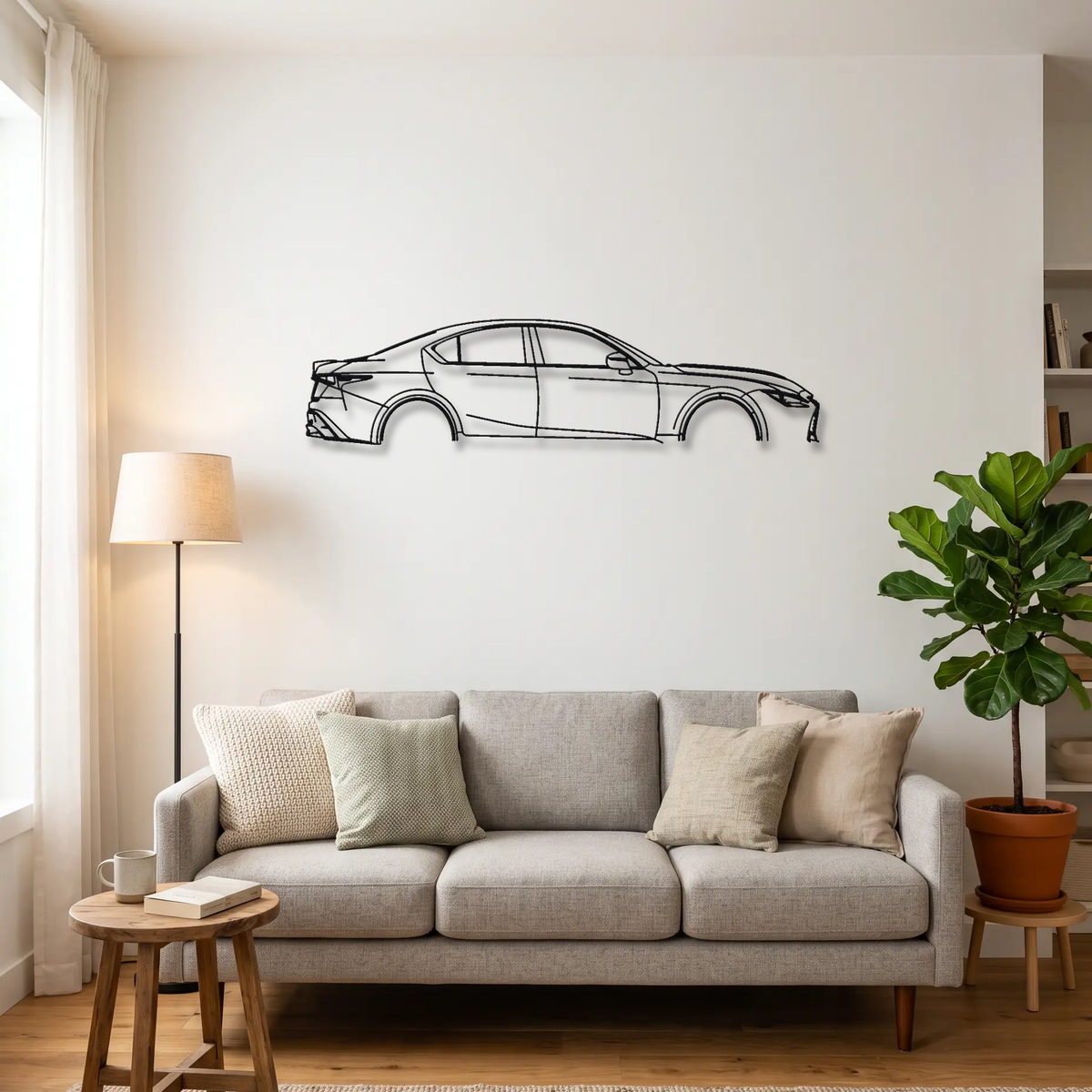 Lexus IS 500 F Sport Performance metal wall art above a sofa in a living room