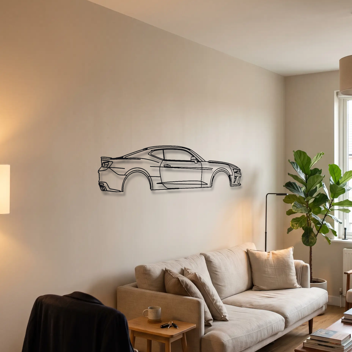 Chevrolet Camaro SS Gen 6 metal wall art above a sofa in a living room