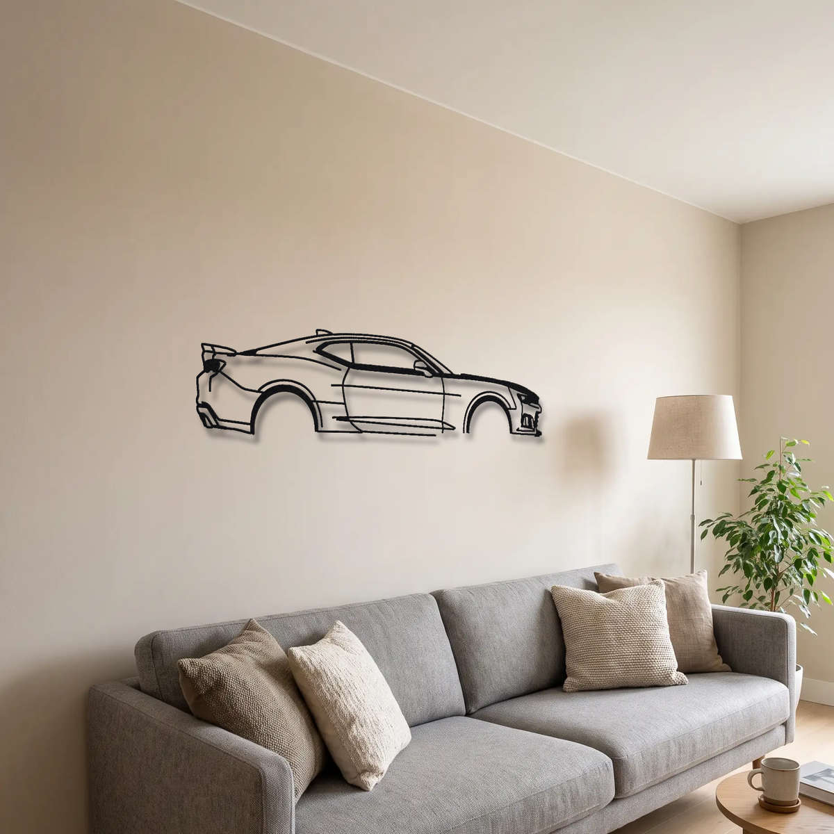 2017-24 Chevrolet Camaro SS 1LE Gen 6 metal wall art above a sofa in a living room