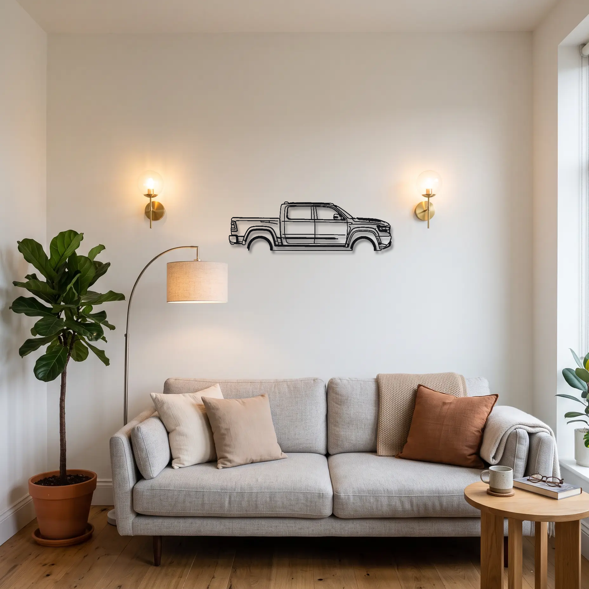 2021- Hennessey Mammoth 1000 TRX metal wall art above a sofa in a living room