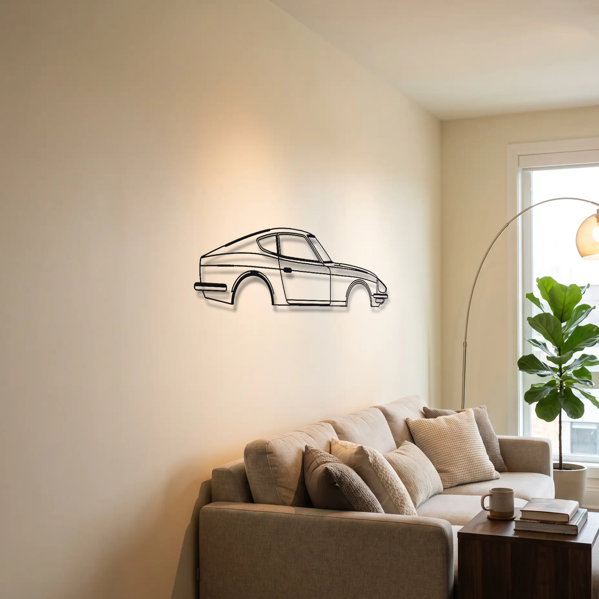 Datsun 280Z metal wall art above a sofa in a living room
