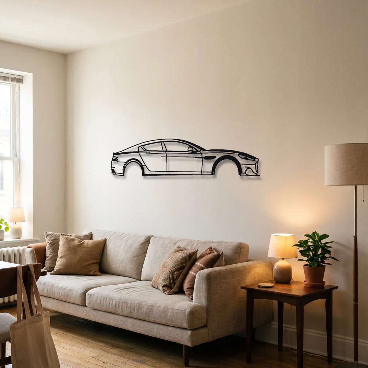 2019 Aston Martin Rapide AMR metal wall art above a sofa in a living room
