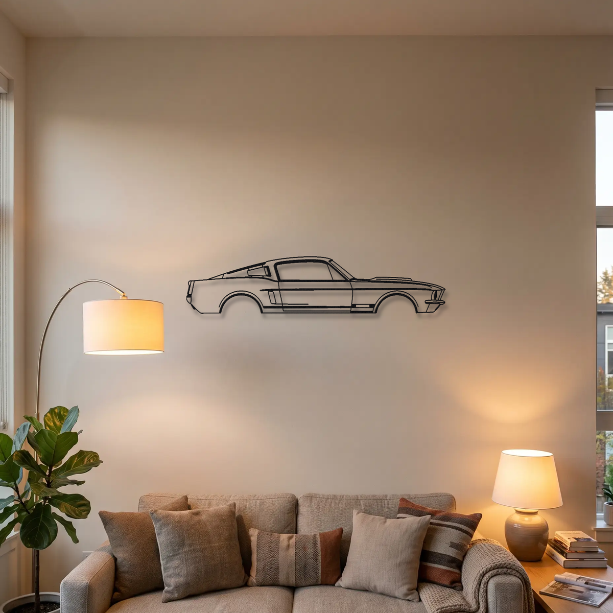 1967 Ford Shelby GT500 metal wall art above a sofa in a living room