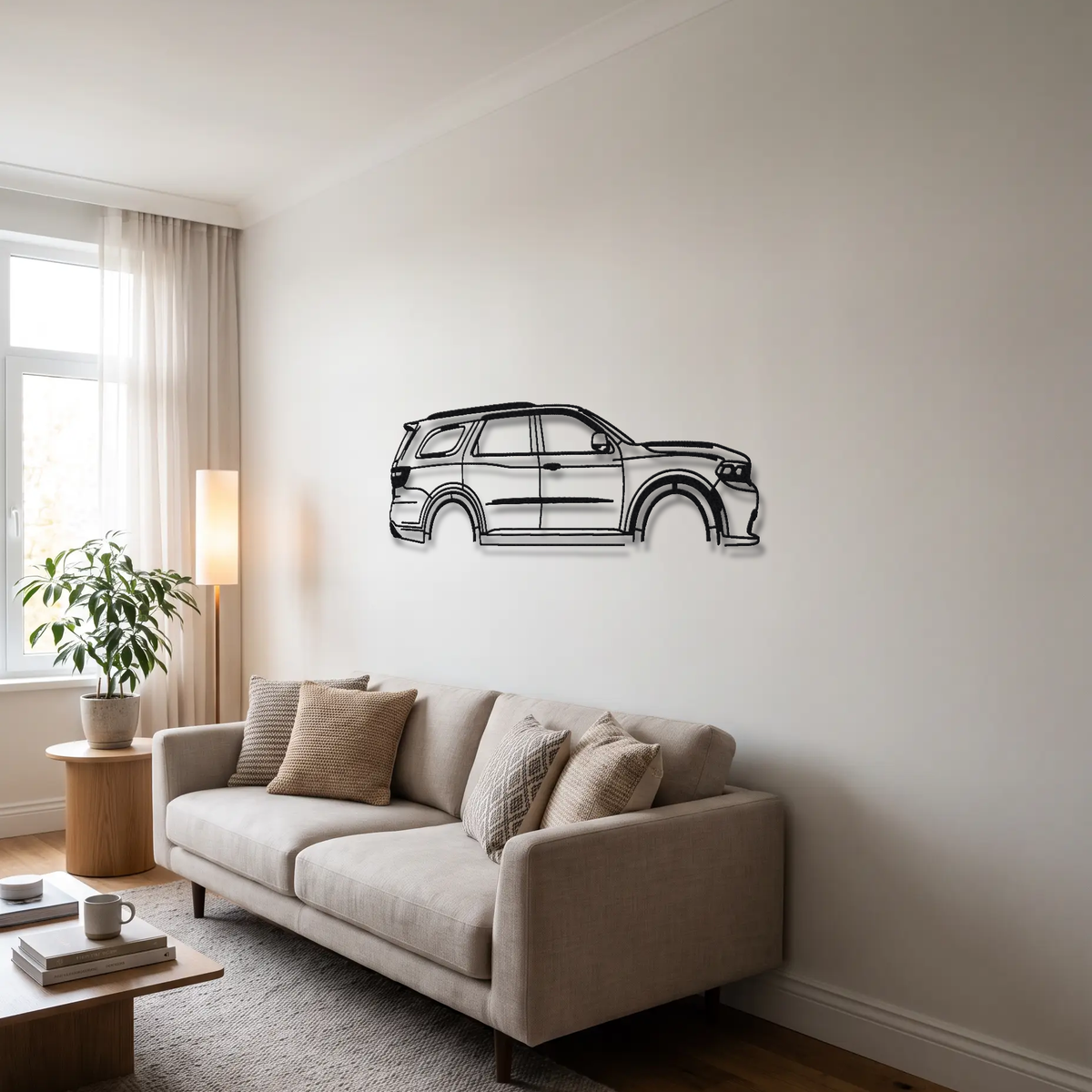 2021- Dodge Durango SRT Hellcat WD metal wall art above a sofa in a living room