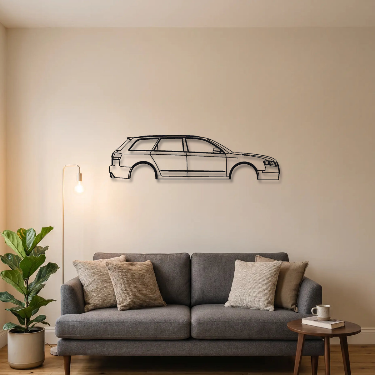 Audi RS4 B7 metal wall art above a sofa in a living room