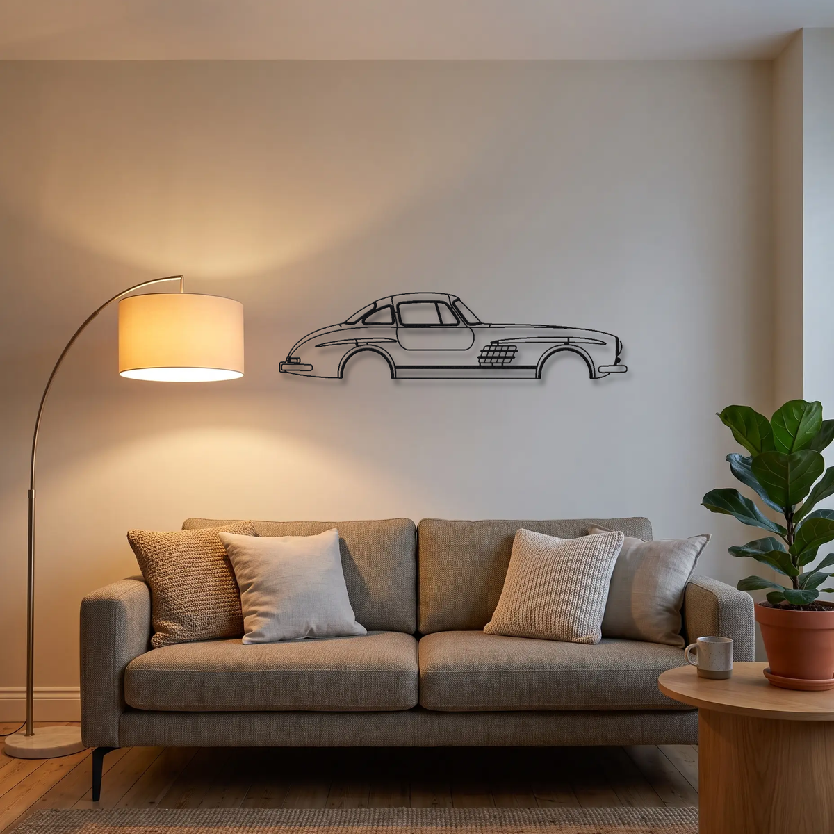 Mercedes-Benz 300SL Gullwing metal wall art above a sofa in a living room