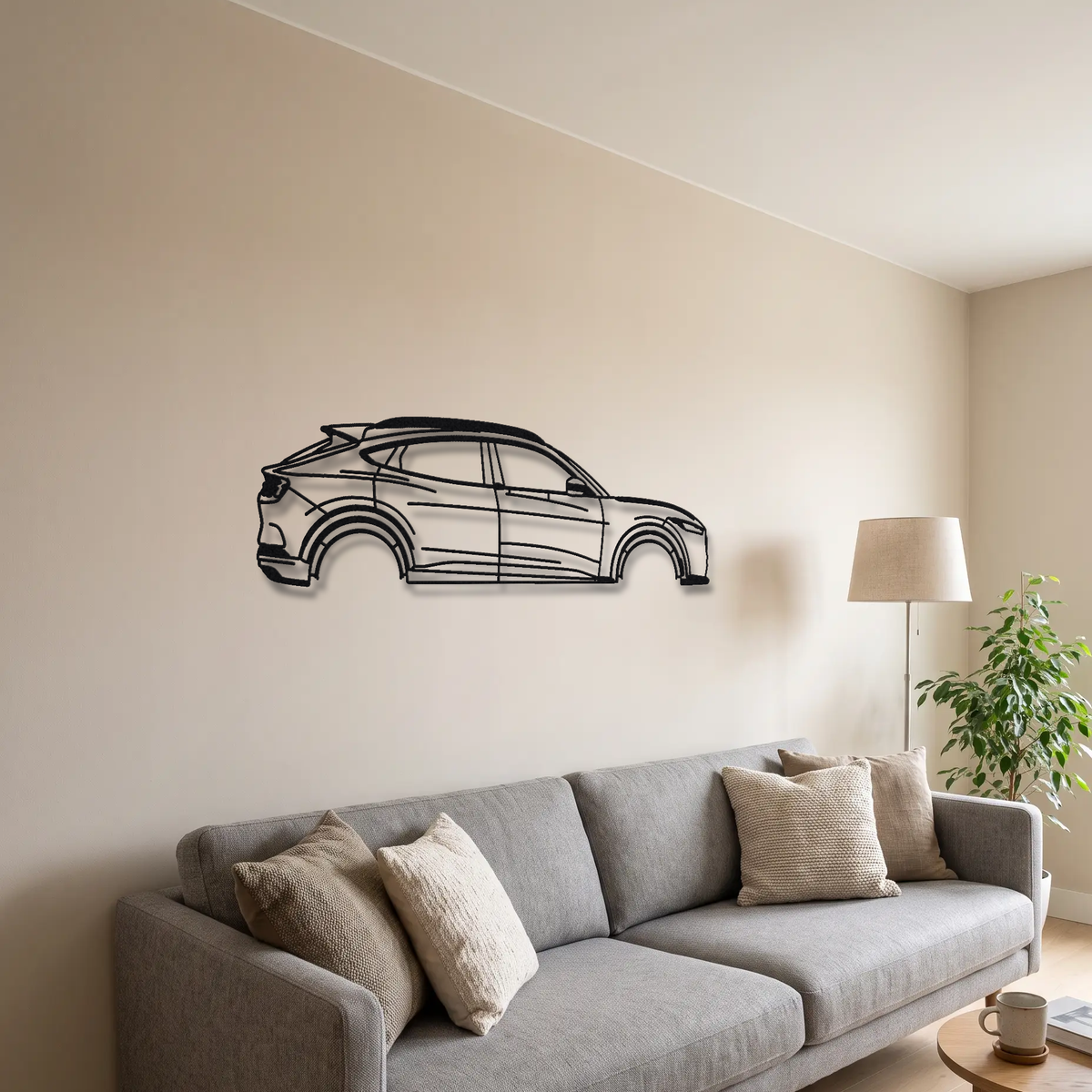 2021- Ford Mustang Mach-E GT / Rally metal wall art above a sofa in a living room