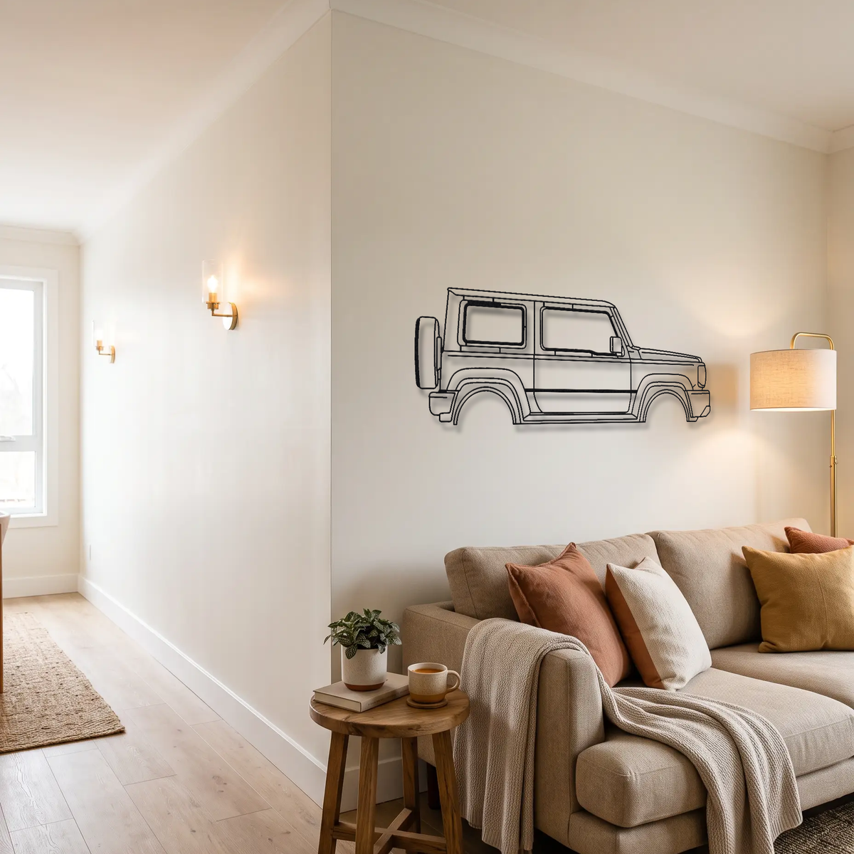 Suzuki Jimny JB74 Gen 4 metal wall art above a sofa in a living room