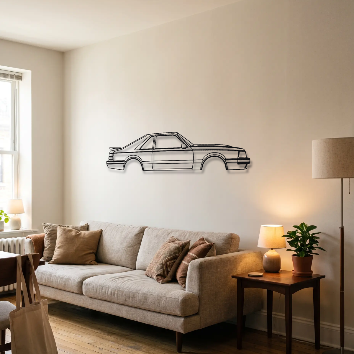 Ford Mustang SVO metal wall art above a sofa in a living room