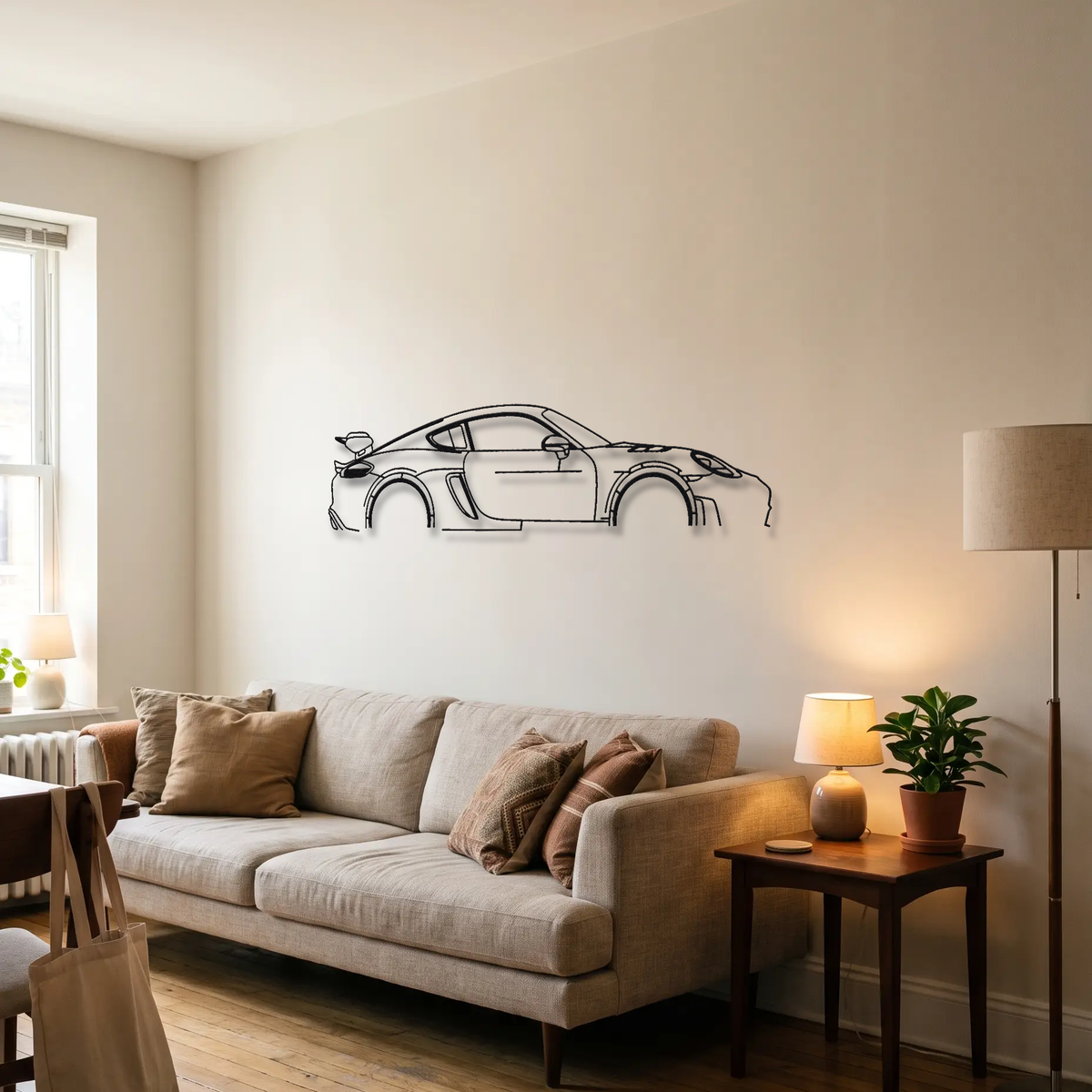 Porsche 718 Cayman GT4 RS 982 metal wall art above a sofa in a living room