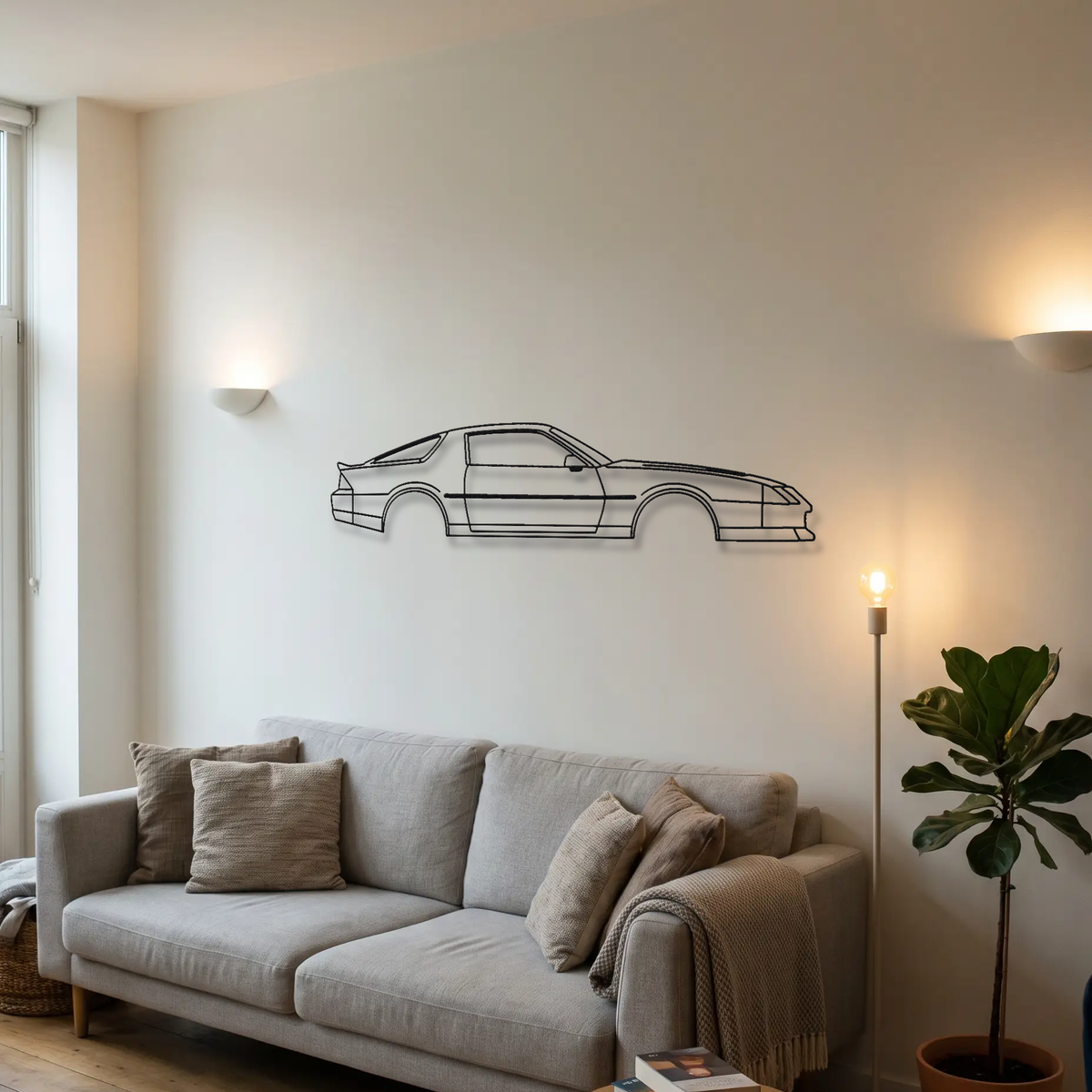 Chevrolet Camaro IROC-Z Gen 3 metal wall art above a sofa in a living room