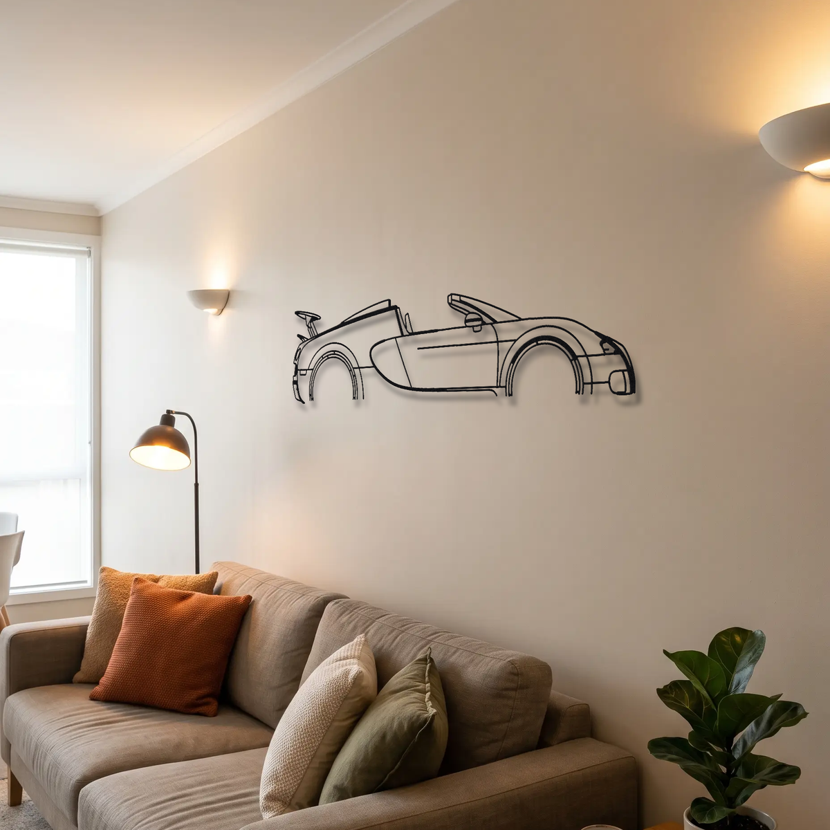 Bugatti Veyron 16.4 Grand Sport metal wall art above a sofa in a living room