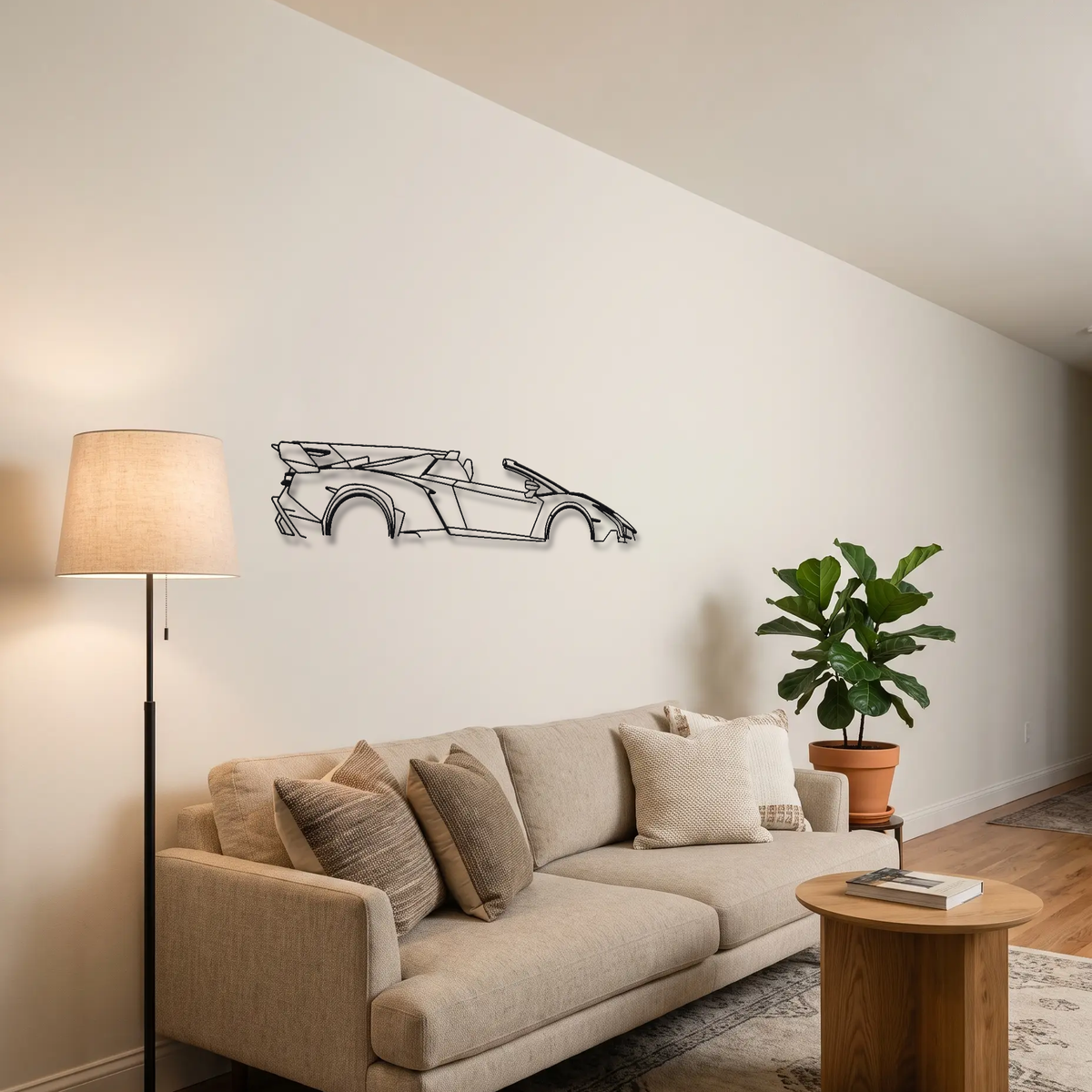 Lamborghini Veneno Roadster metal wall art above a sofa in a living room