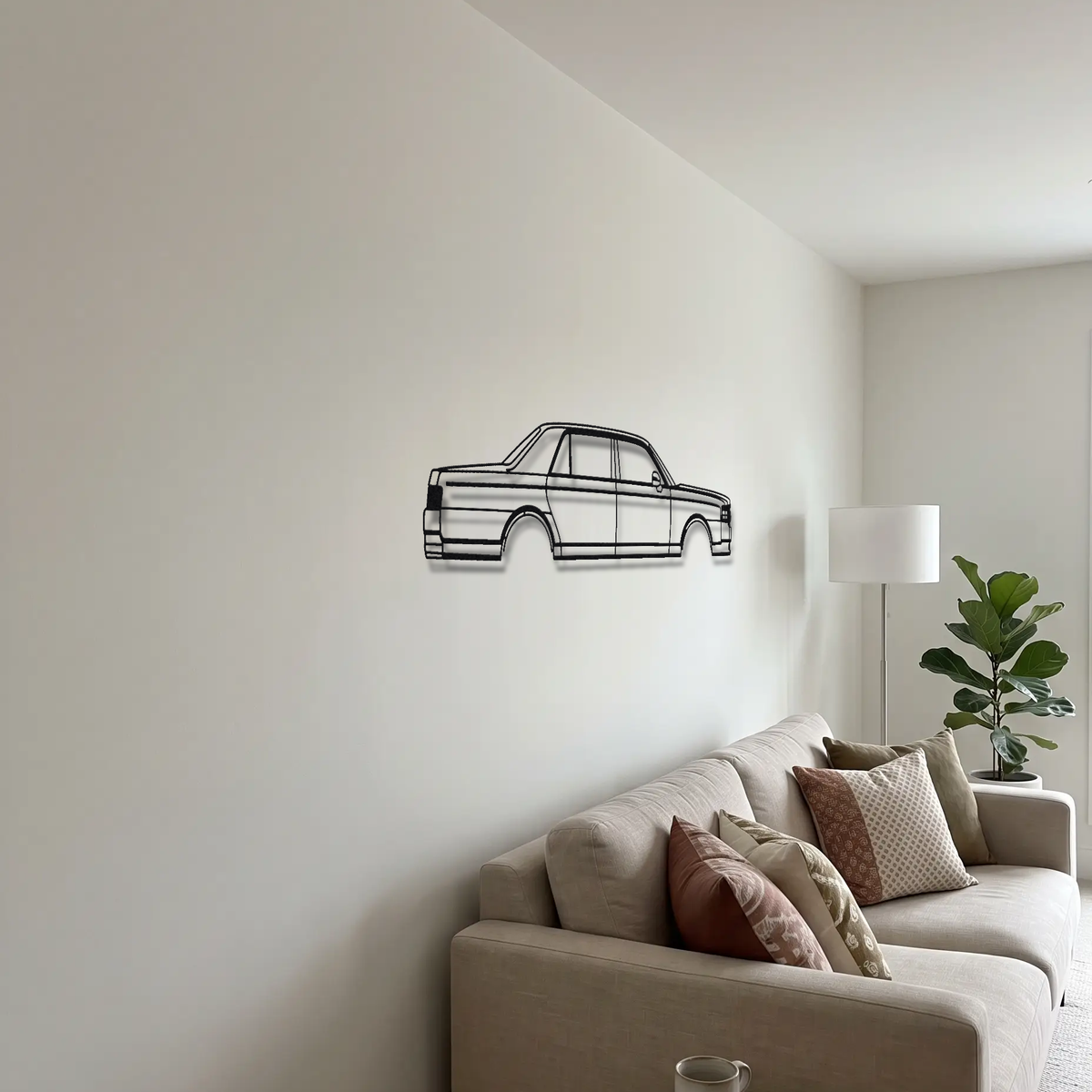 Toyota Century GRMN G60 metal wall art above a sofa in a living room