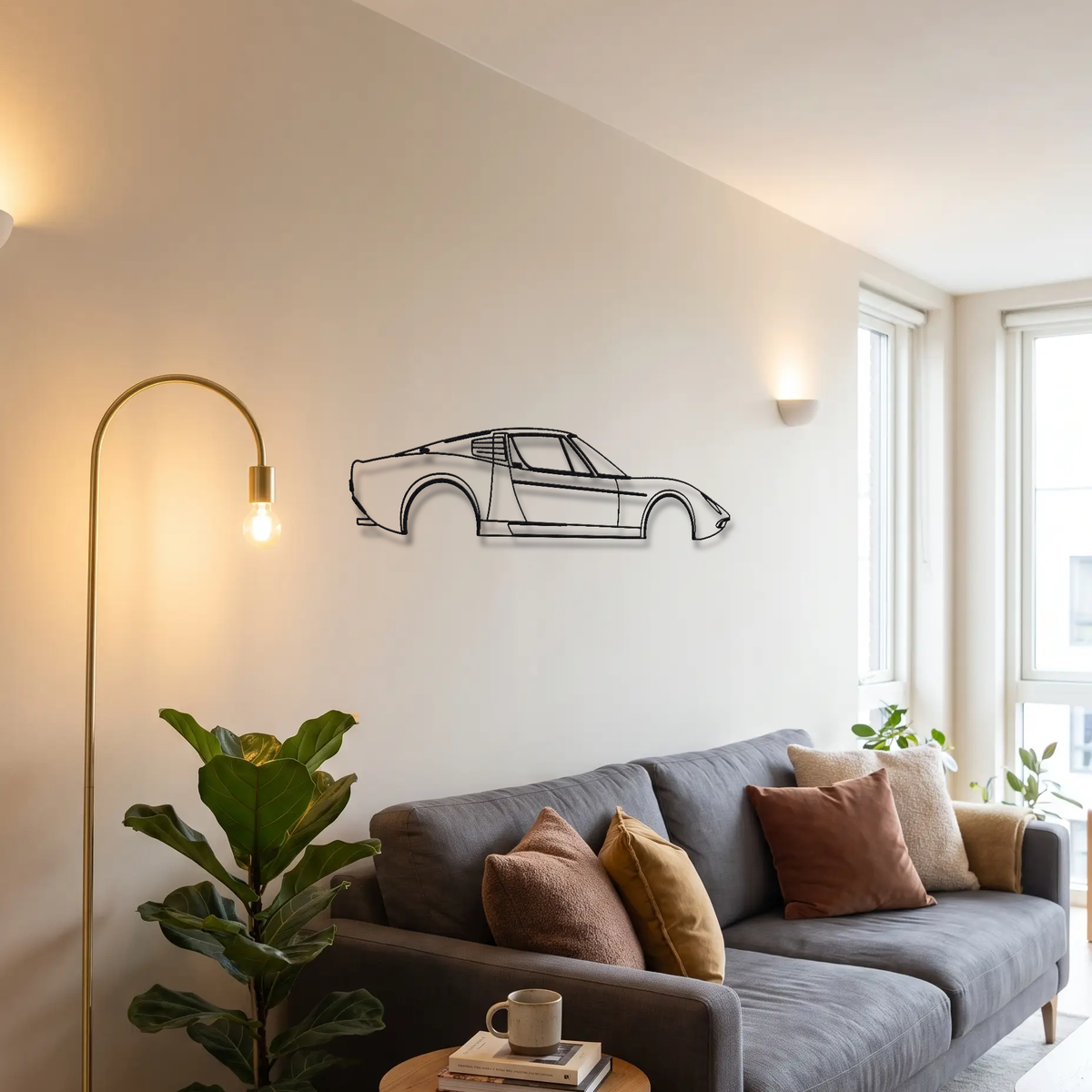 Lamborghini Miura P400 SV metal wall art above a sofa in a living room