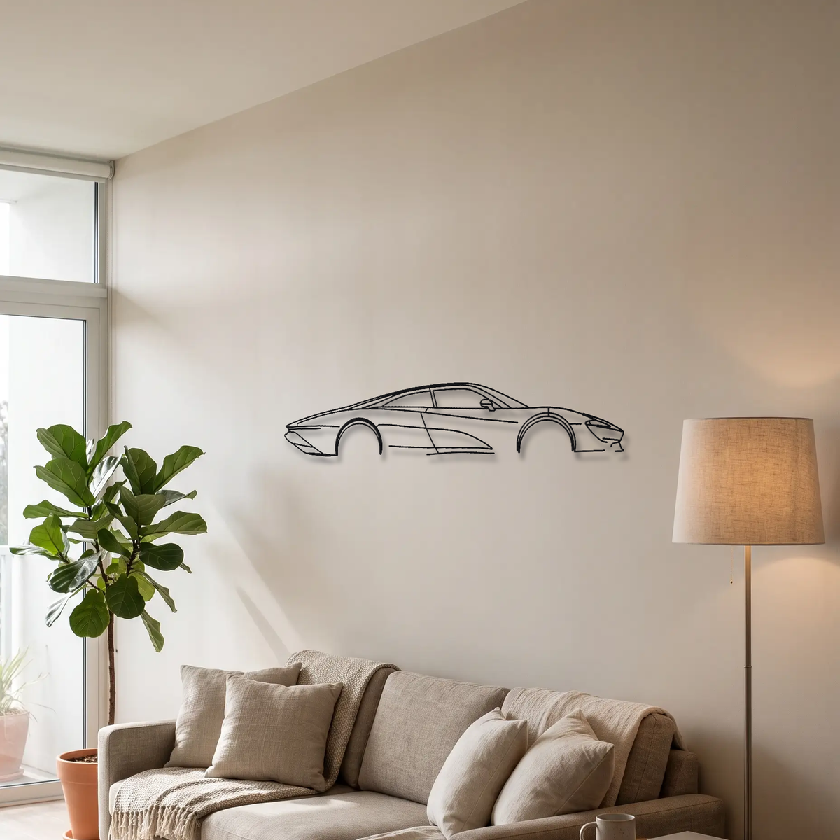 McLaren Speedtail metal wall art above a sofa in a living room
