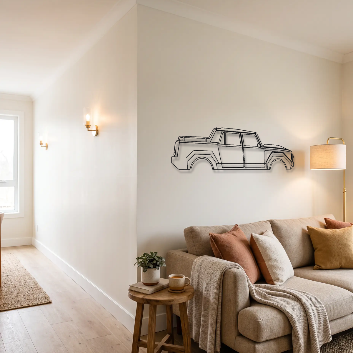 Lamborghini LM002 metal wall art above a sofa in a living room