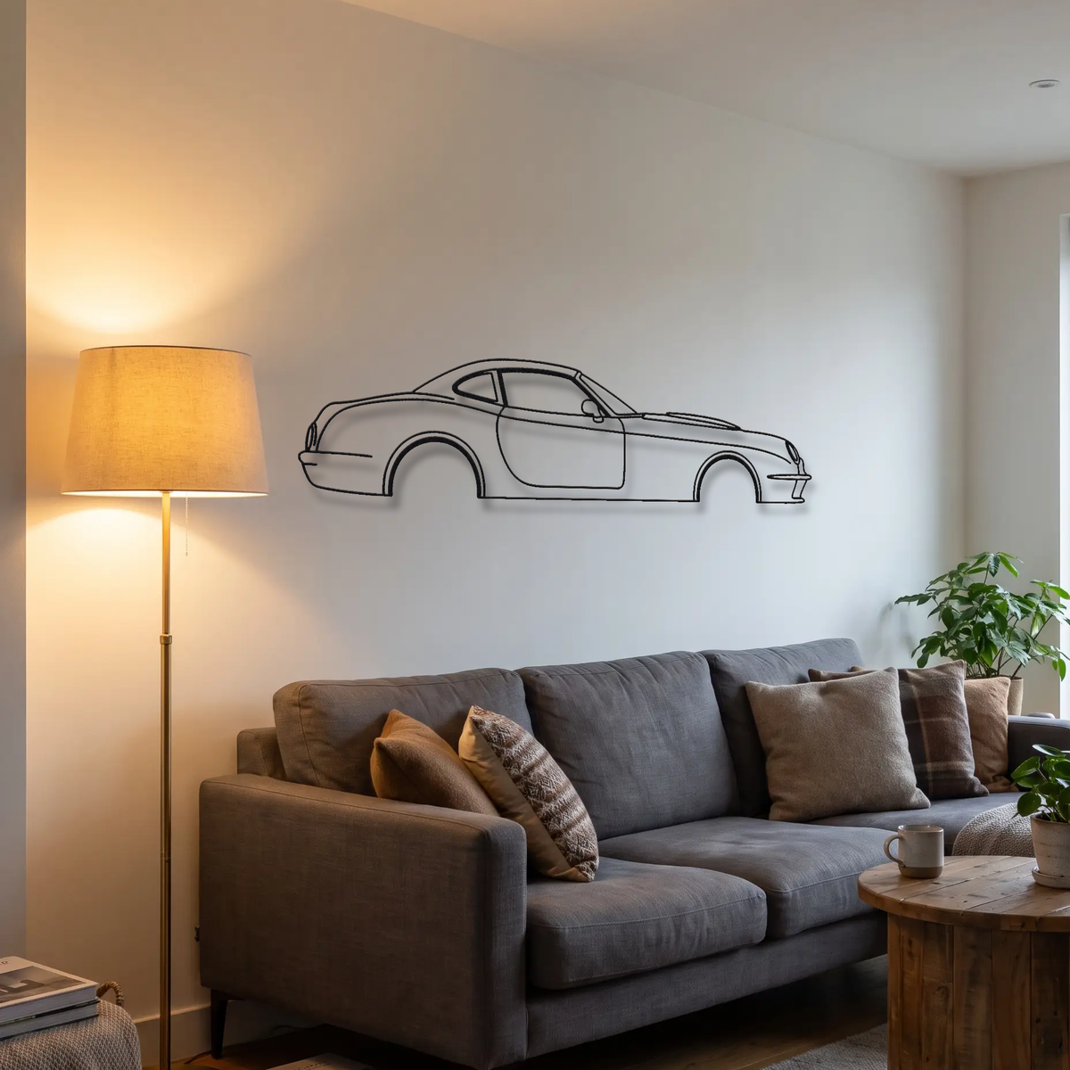 Panoz Esperante metal wall art above a sofa in a living room