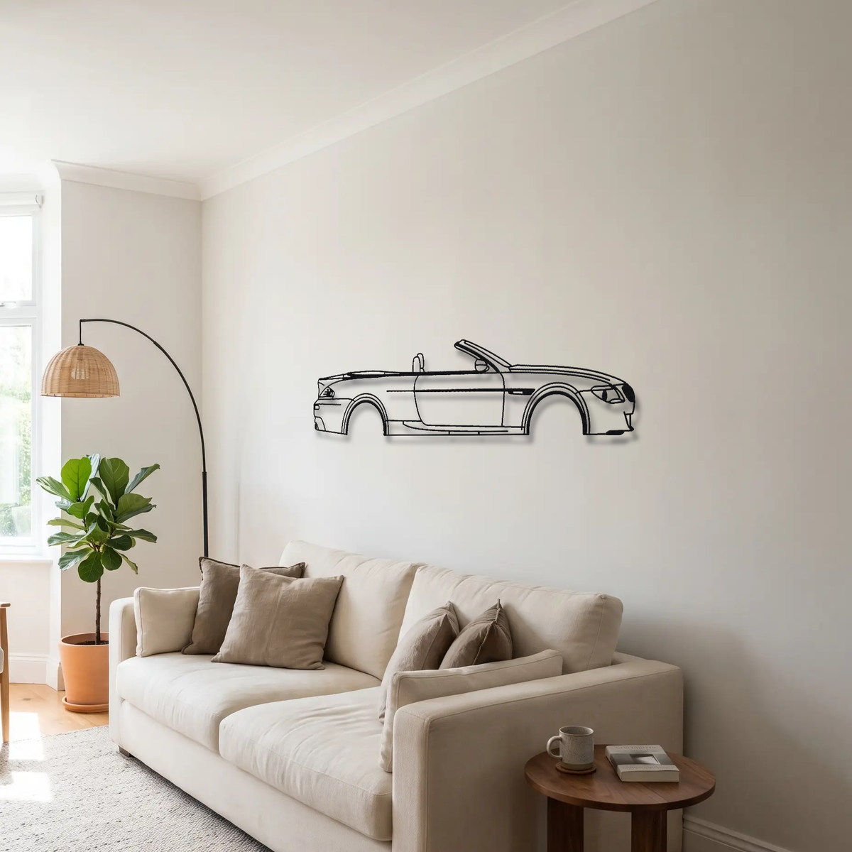 BMW M6 Convertible E64 metal wall art above a sofa in a living room