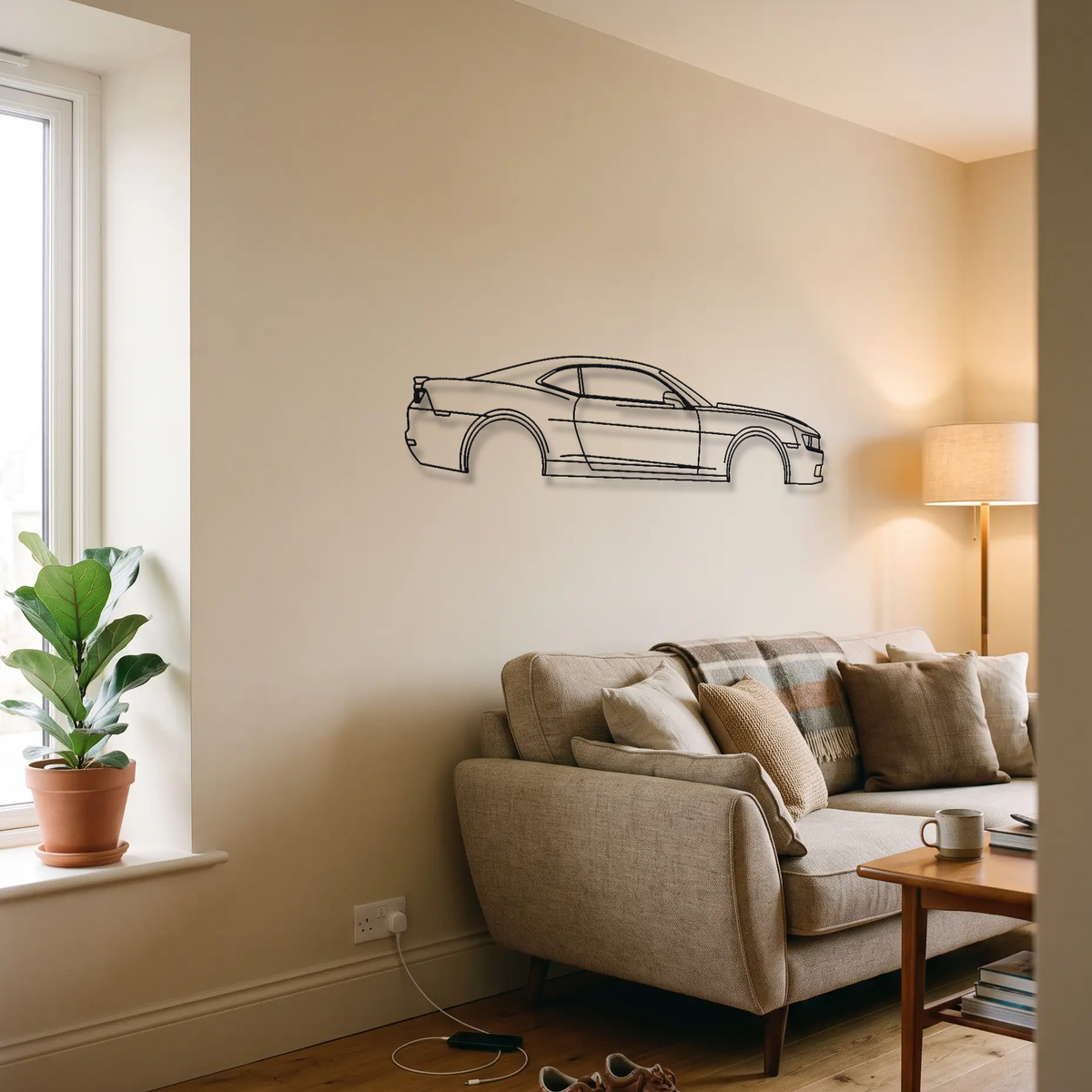 Chevrolet Camaro SS Gen 5 metal wall art above a sofa in a living room