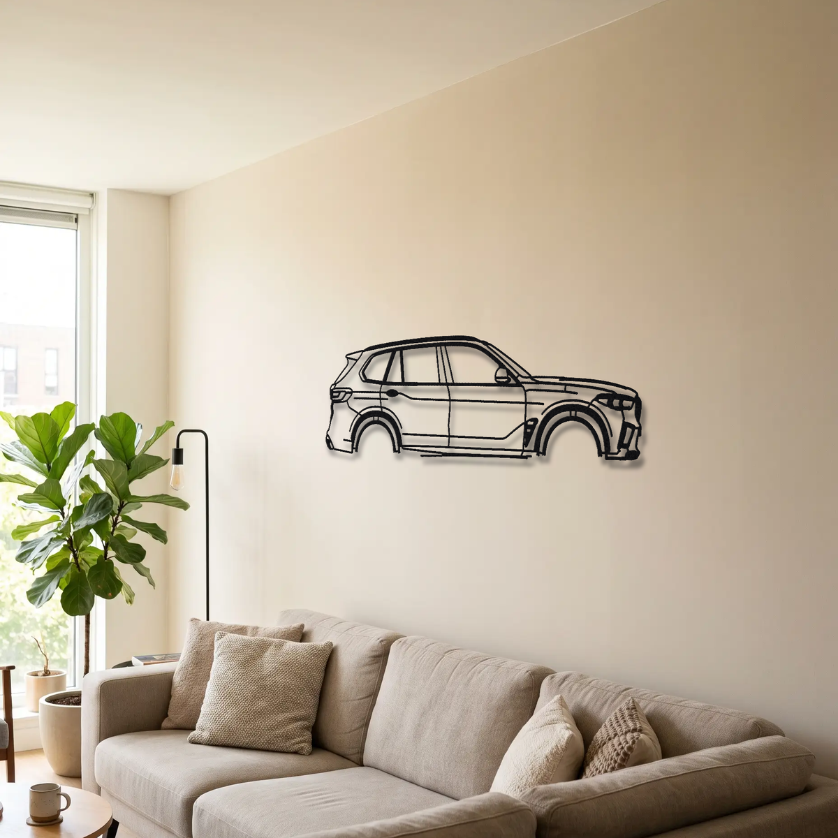 2020- BMW X5 M Competition F95 metal wall art above a sofa in a living room