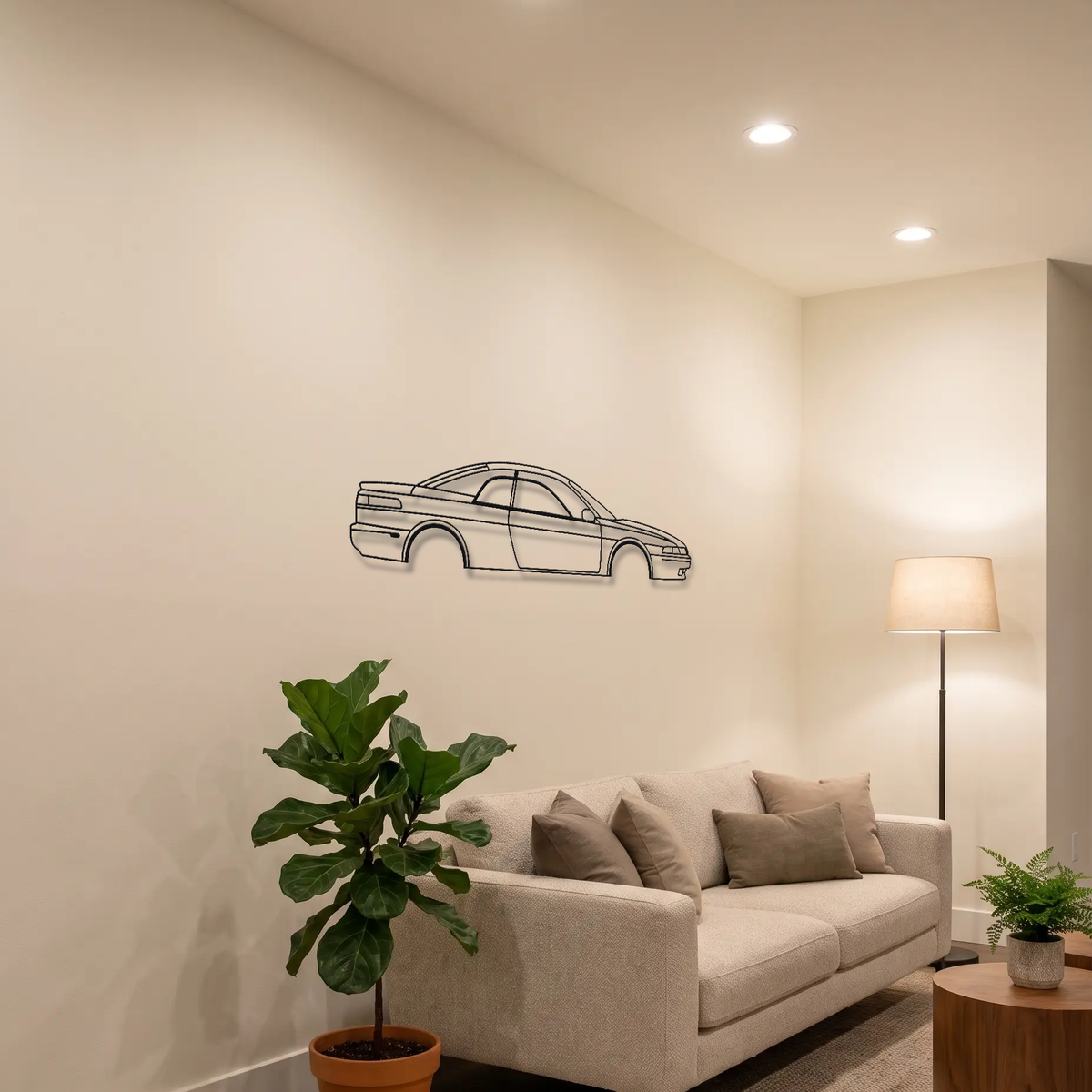 Subaru SVX metal wall art above a sofa in a living room