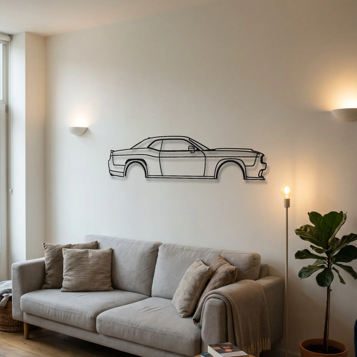 2020-23 Dodge Challenger SRT Super Stock LA metal wall art above a sofa in a living room
