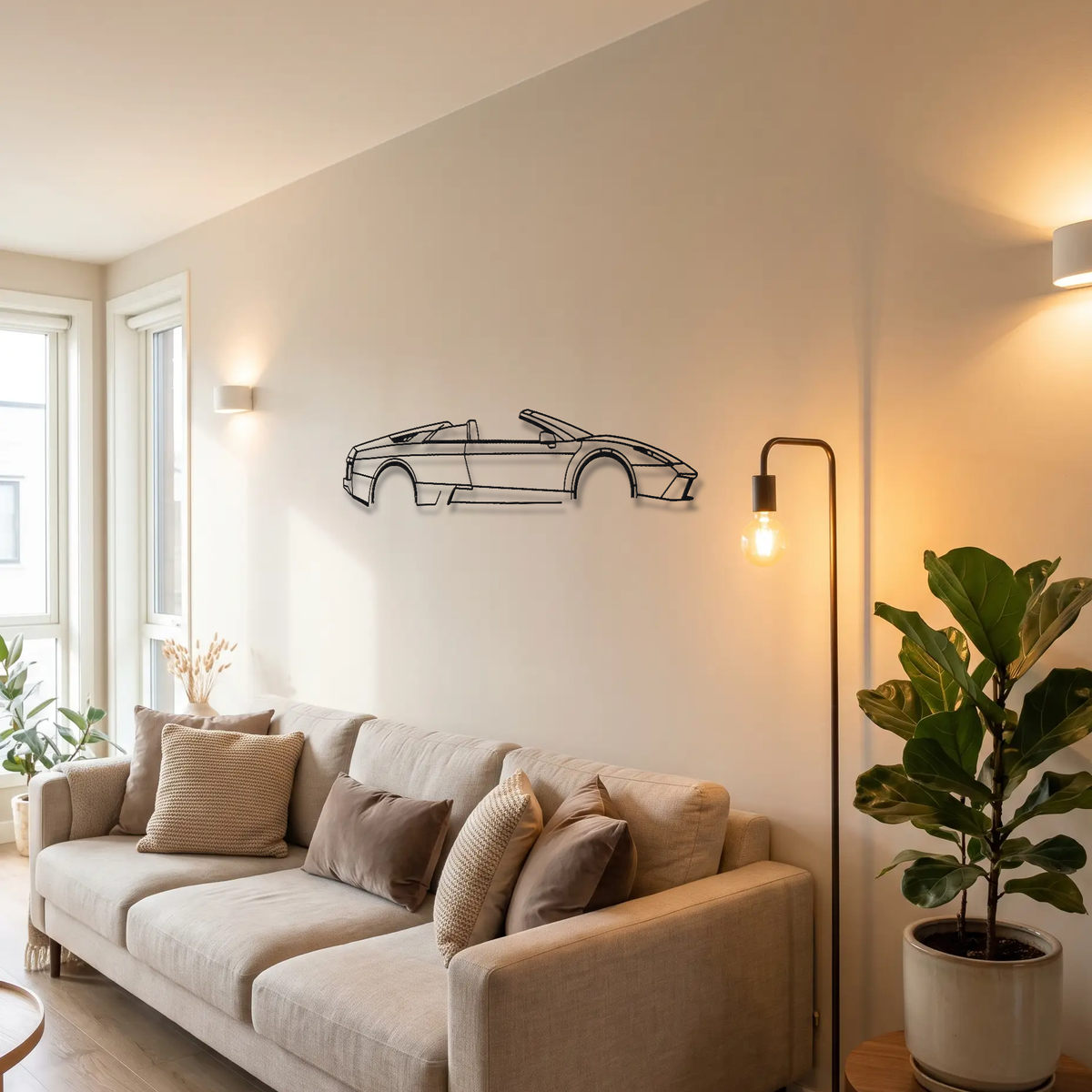 Lamborghini Murciélago Roadster metal wall art above a sofa in a living room
