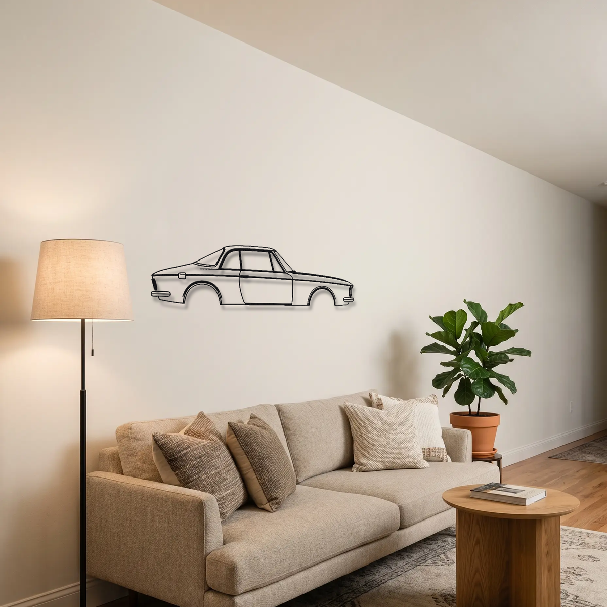 Nissan Silvia CSP311 metal wall art above a sofa in a living room