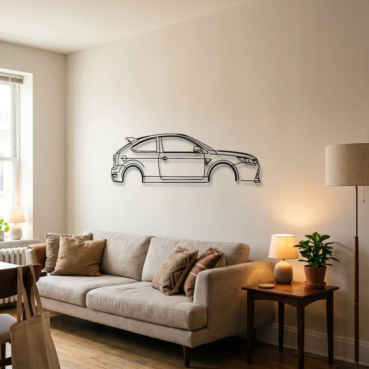 Ford Focus RS MK2 metal wall art above a sofa in a living room