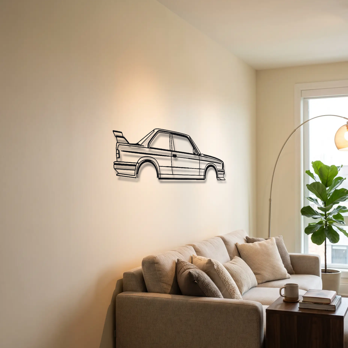 BMW M3 Sport Evolution E30 metal wall art above a sofa in a living room