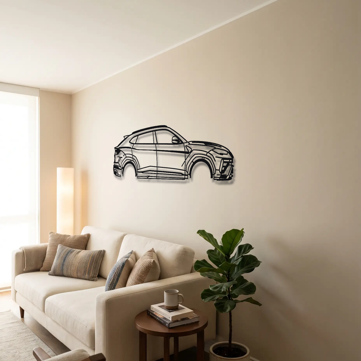 2023- Lamborghini Urus Performante 2nd gen metal wall art above a sofa in a living room