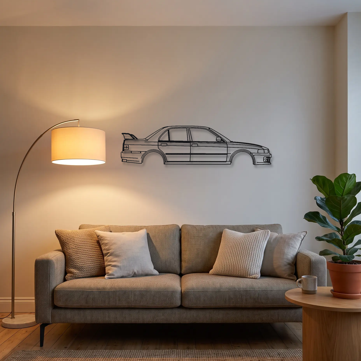 Mitsubishi Lancer 1600 GSR metal wall art above a sofa in a living room