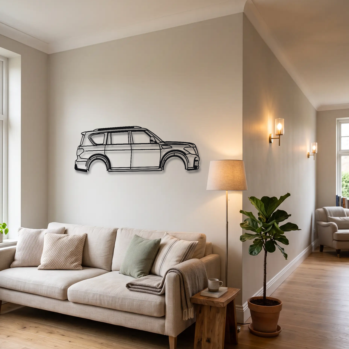 2016- Nissan Patrol NISMO Y62 metal wall art above a sofa in a living room