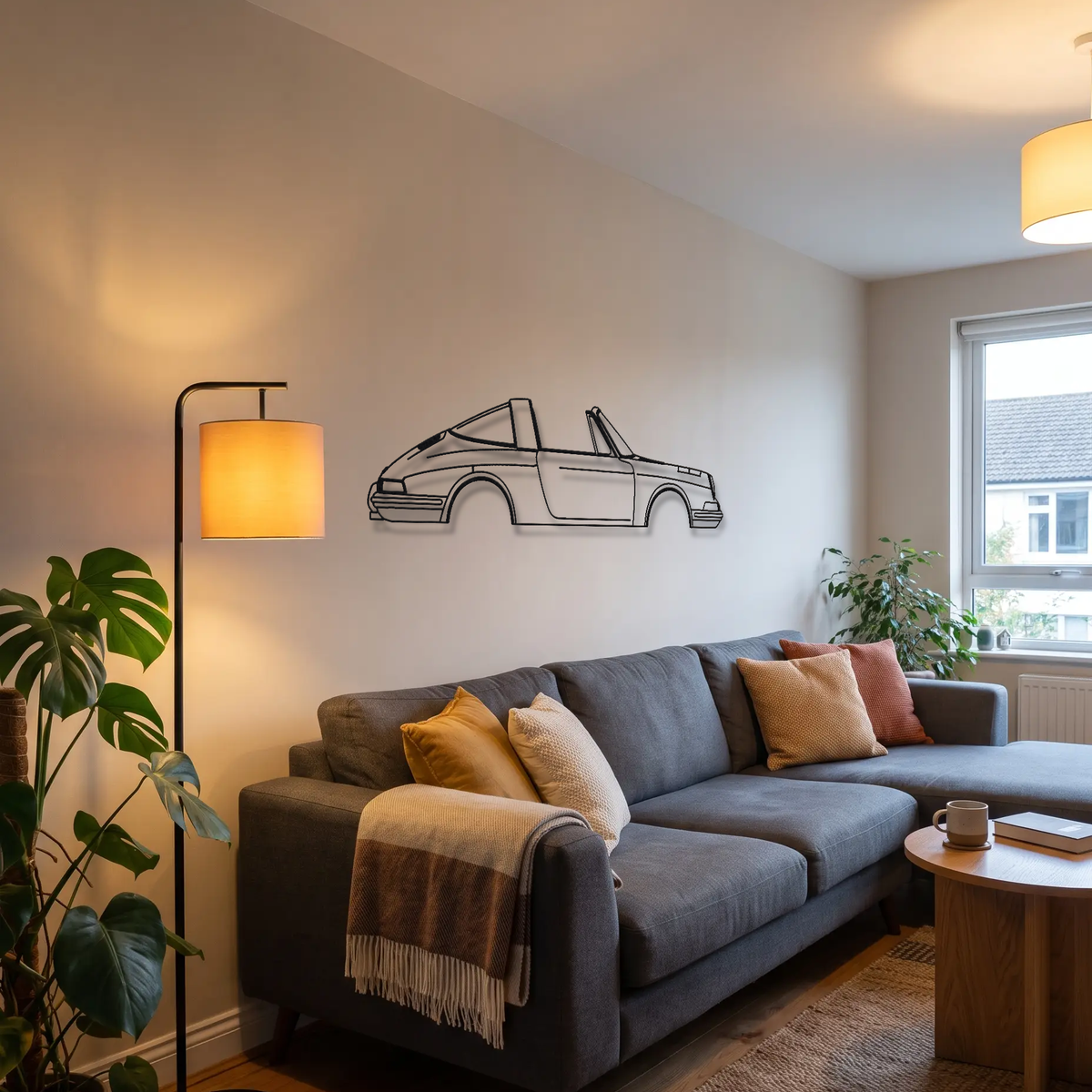 1967-1969 Porsche 911 Targa metal wall art above a sofa in a living room