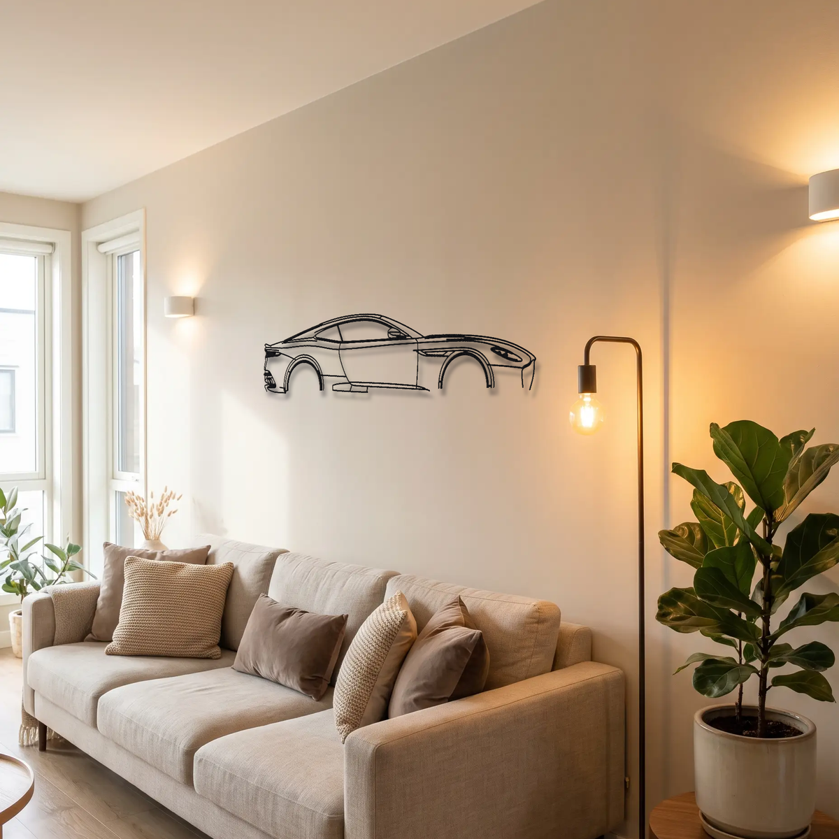 Aston Martin DBS Superleggera Coupe metal wall art above a sofa in a living room