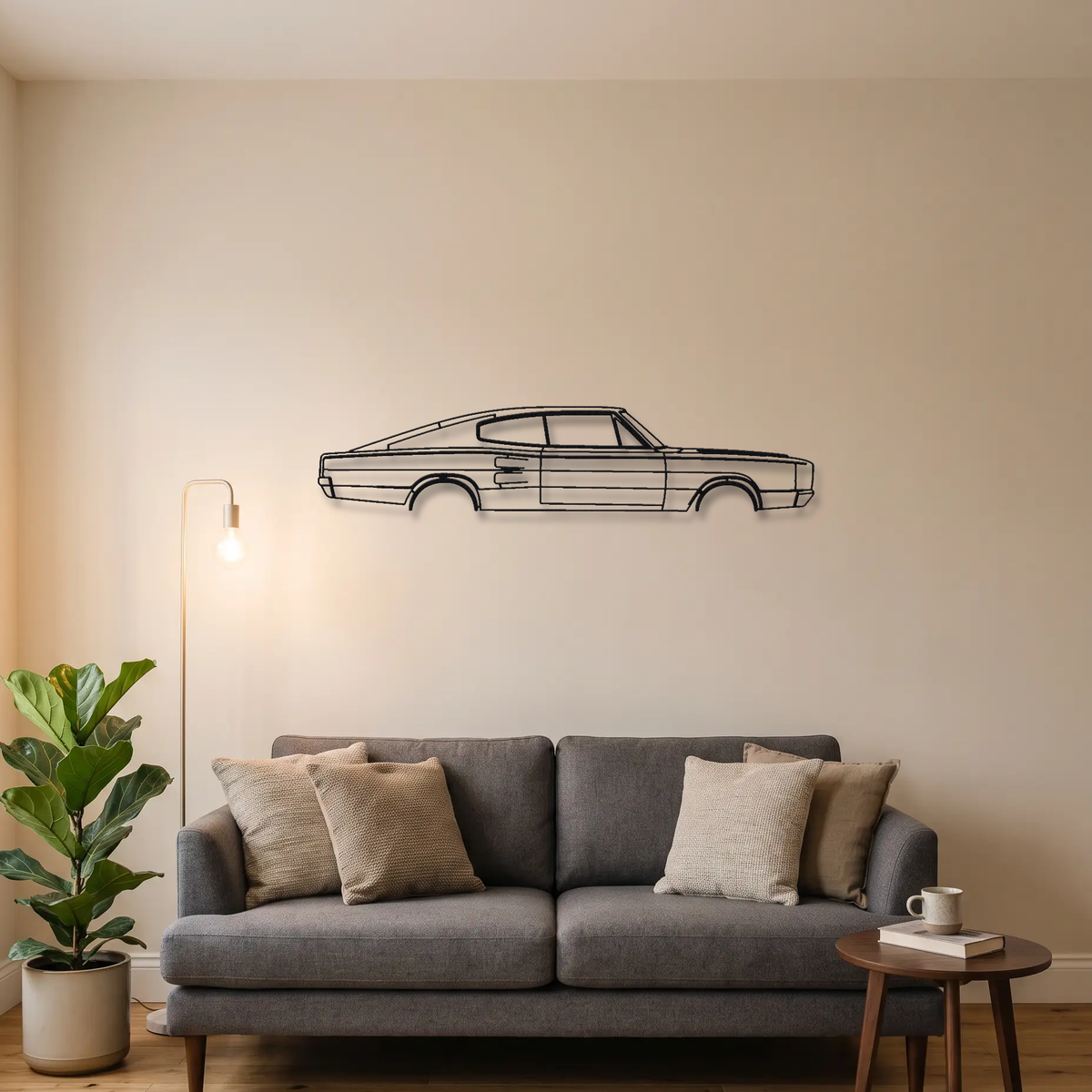 1966-1967 Dodge Charger Gen 1 metal wall art above a sofa in a living room