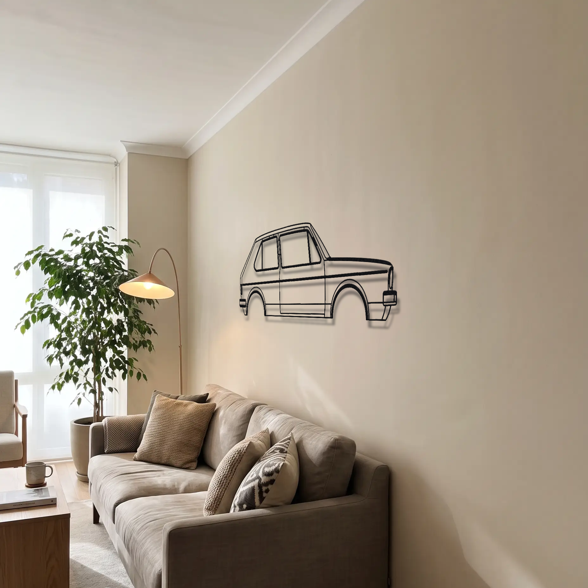Volkswagen Golf GTI MK1 metal wall art above a sofa in a living room