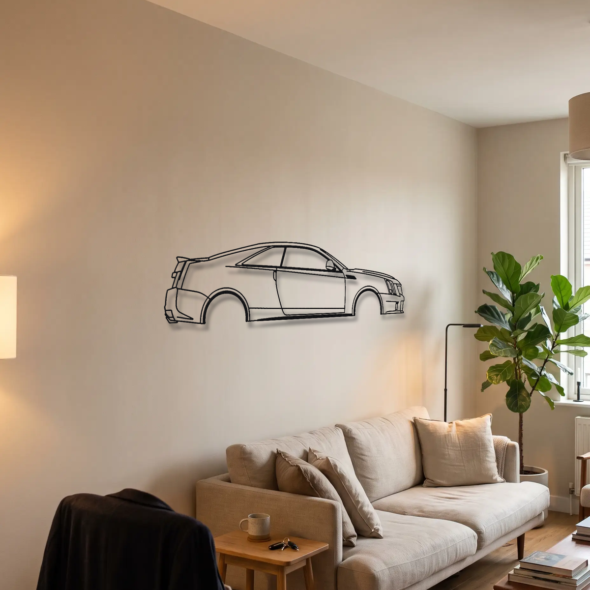 Cadillac CTS-V Coupe Gen 2 metal wall art above a sofa in a living room