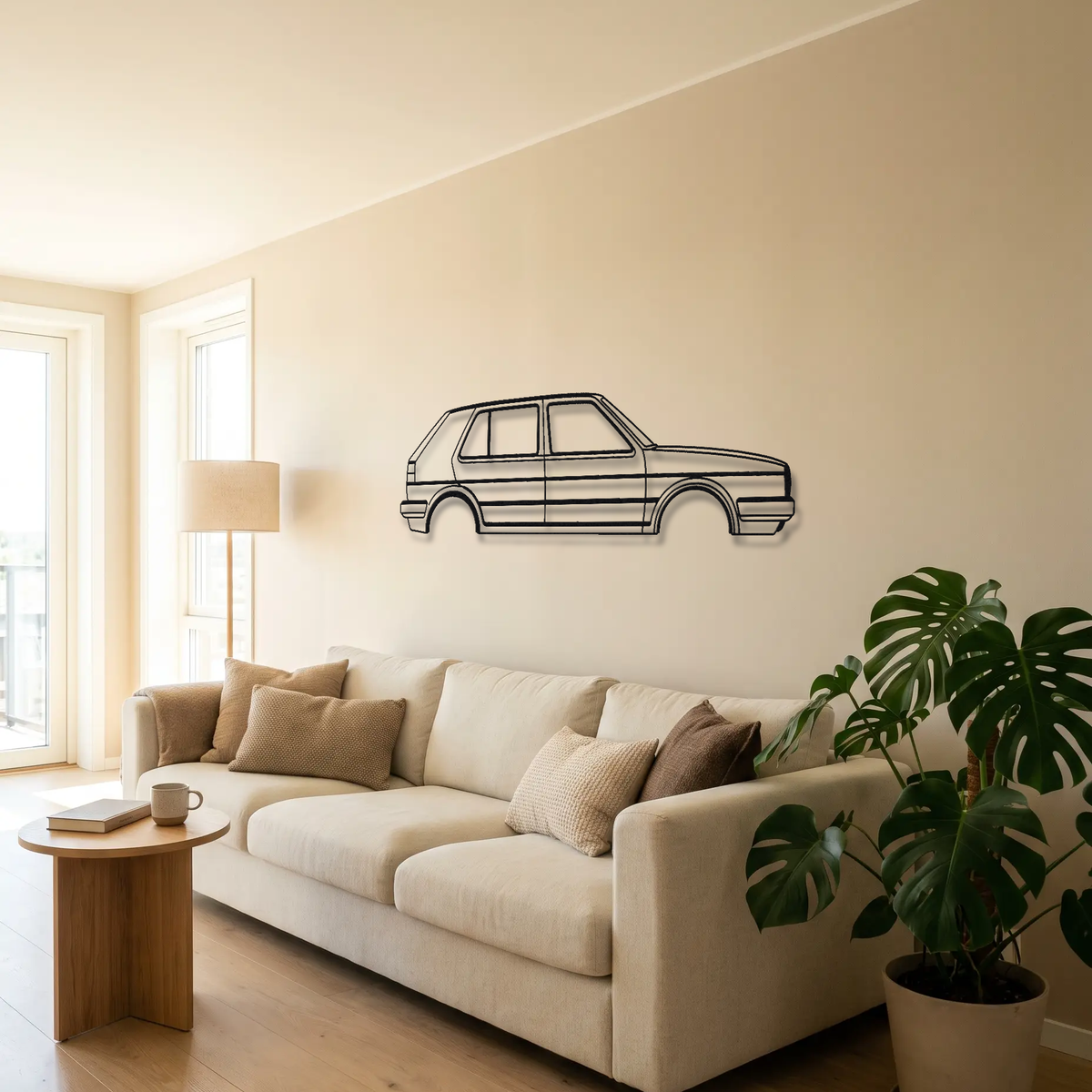 Volkswagen Golf GTI MK2 metal wall art above a sofa in a living room