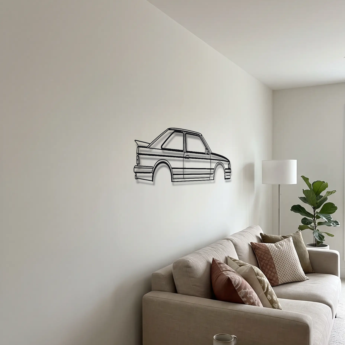 Ford Escort RS Turbo Series 1 metal wall art above a sofa in a living room