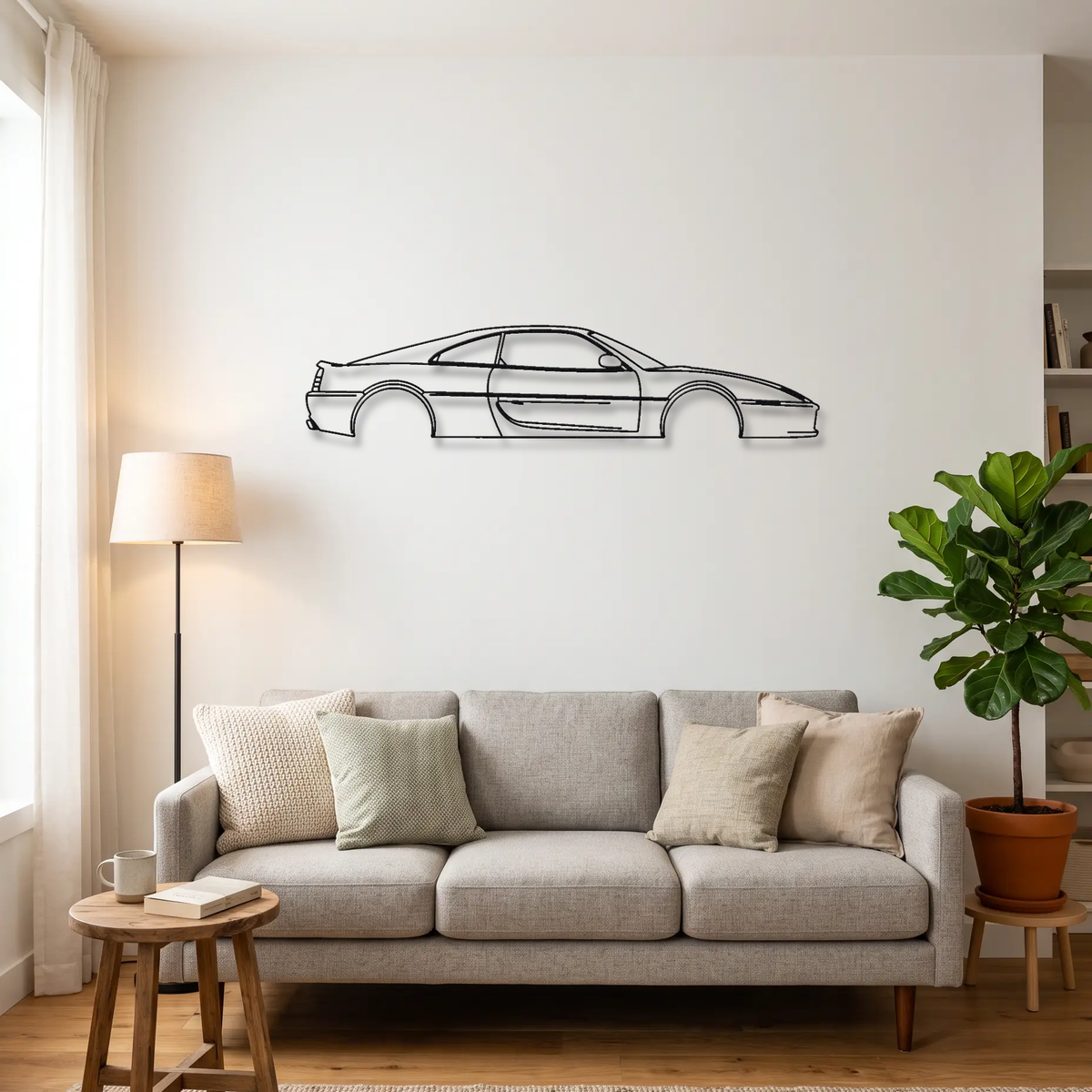 Ferrari F355 Berlinetta metal wall art above a sofa in a living room