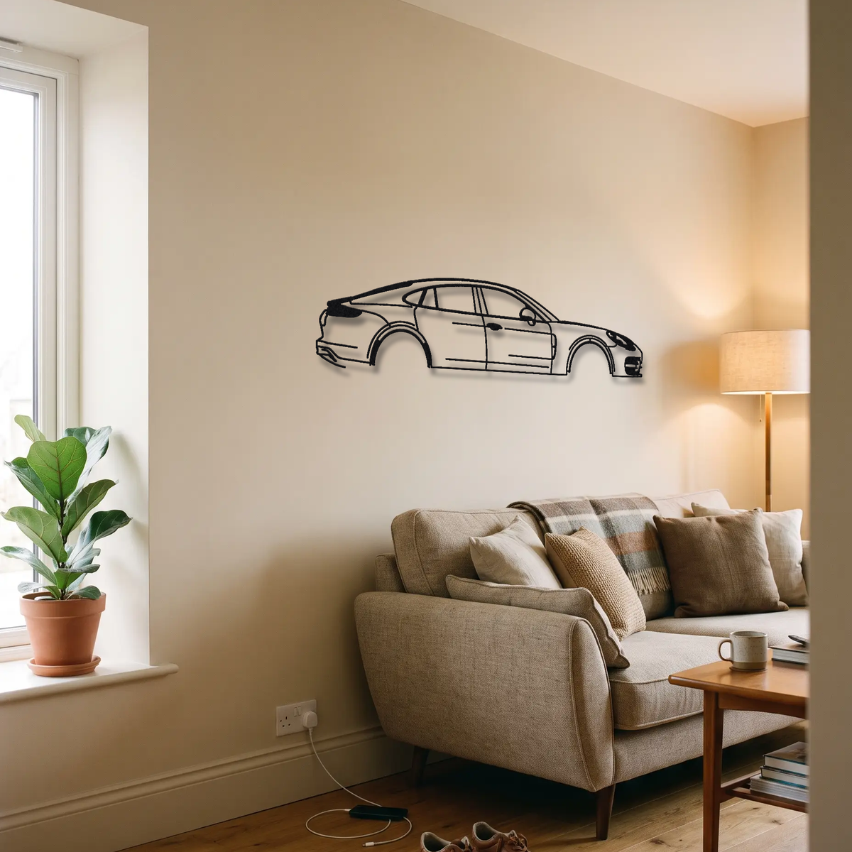 2018-23 Porsche Panamera Turbo S E-Hybrid 971 metal wall art above a sofa in a living room