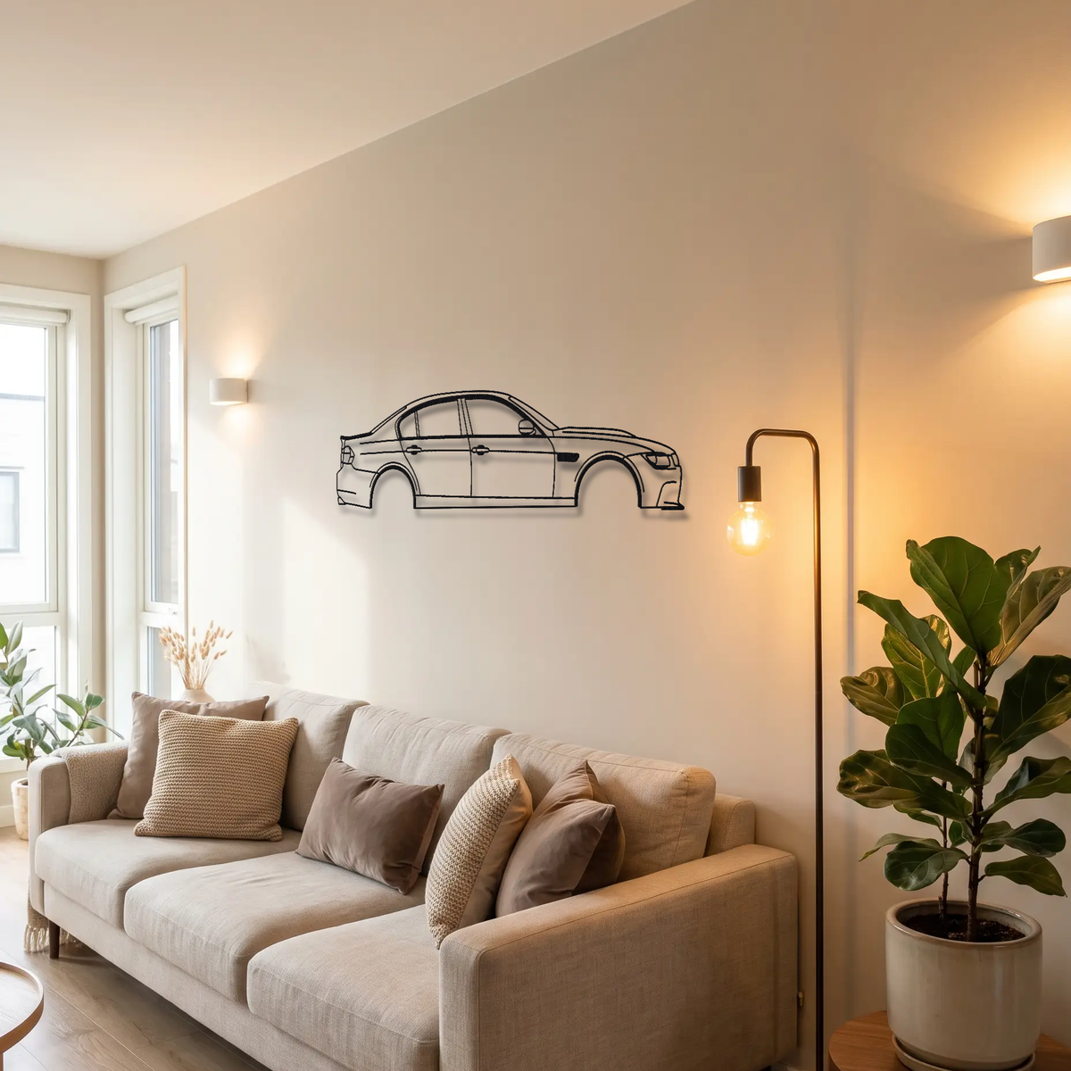 BMW M3 E90 metal wall art above a sofa in a living room