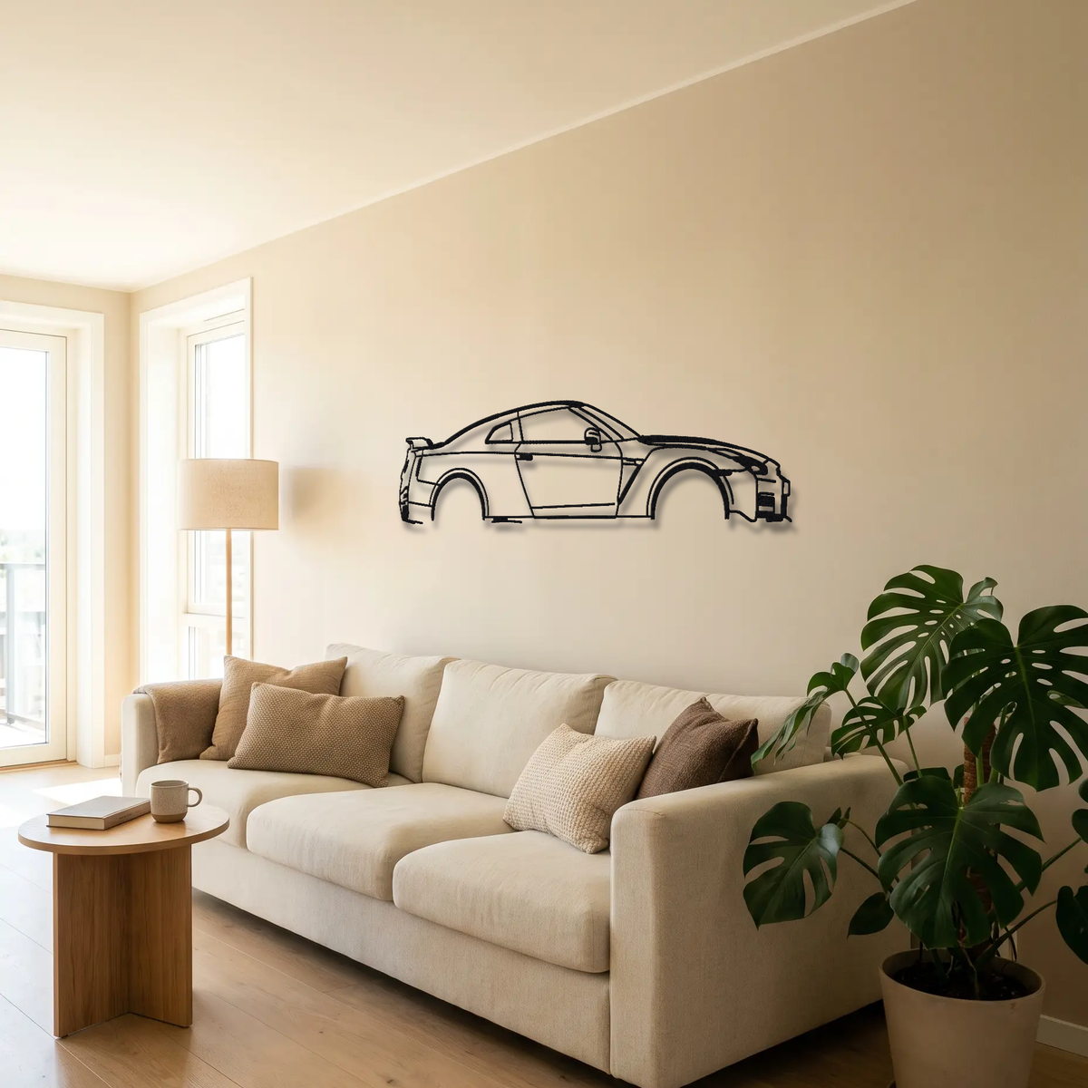 2014- Nissan GT-R NISMO R35 metal wall art above a sofa in a living room