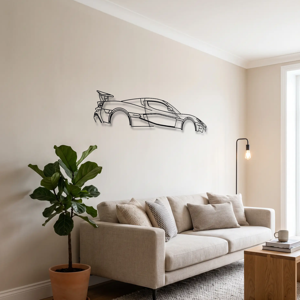 Rimac Nevera metal wall art above a sofa in a living room