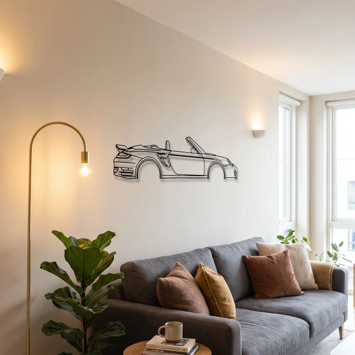 Porsche 911 Turbo Cabriolet 997.1 metal wall art above a sofa in a living room